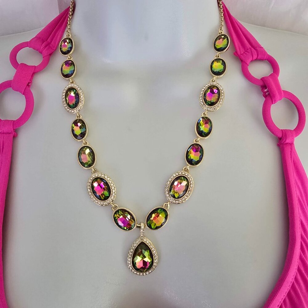 Monet Colorful Rainbow Stones Statement Necklace rainbow pink green yellow NWT - Picture 2 of 10